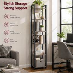 Industrial 6-Tier Bookshelf Tall Narrow