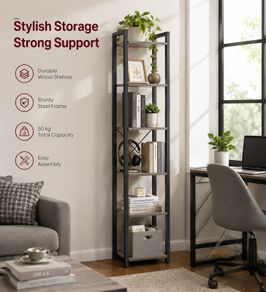 Industrial 6-Tier Bookshelf Tall Narrow