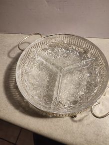 Rare find  Vintage Divided Dish 3 Sections - Daisy and Button Pattern - Made in France IN SILVER PLATED HOLDER
