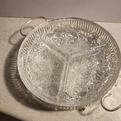 Rare find  Vintage Divided Dish 3 Sections - Daisy and Button Pattern - Made in France IN SILVER PLATED HOLDER