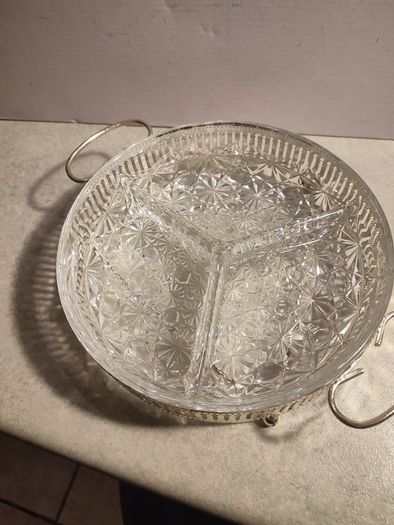 Rare find  Vintage Divided Dish 3 Sections - Daisy and Button Pattern - Made in France IN SILVER PLATED HOLDER