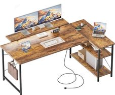 L-Shaped Desk with LED, 140x70cm Computer Desk with Monitor Stand