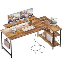 L-Shaped Desk with LED, 140x70cm Computer Desk with Monitor Stand