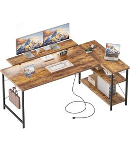 L-Shaped Desk with LED, 140x70cm Computer Desk with Monitor Stand