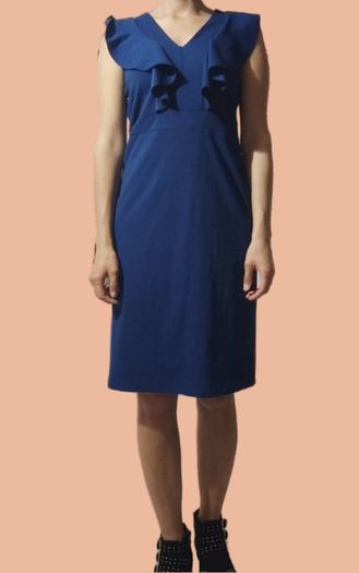 Gerard V-Neck Ruffle Cap Sleeve Sheath Midi Dress