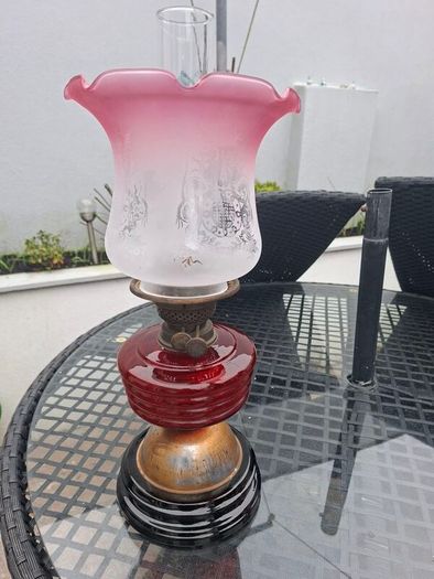 Beautiful Antique Victorian British made Cranberry Oil Lamp