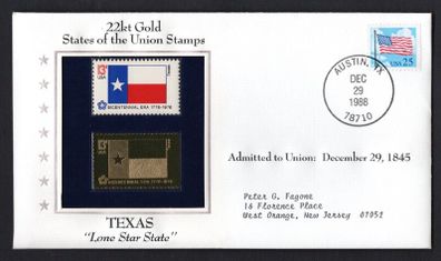 1988 USA Texas "Lone Star State" 22kt Gold Replica of the 1976 United States Flag Stamps showing 25c US flag definitive tied Austin, Texas (state capital) illustrated cover