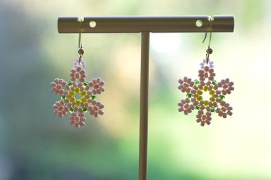 Handmade Beaded Pink Flower Earrings