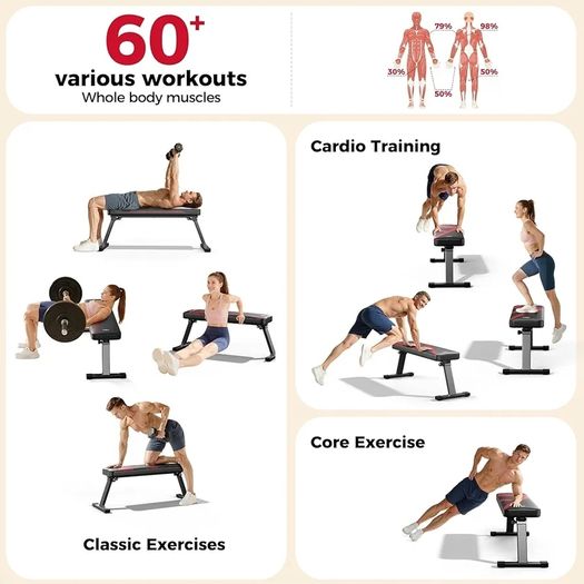 Flat Weight Bench, Foldable Flat Dumbbell Bench, Stable for All Types of Strength Training & Bench Presses, Easy to Assemble for Home Workouts, Max Load Capacity 300 kg