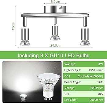 LED Ceiling Light Rotatable, 3 Way LED Ceiling Spotlight, Chrome & Swivelling Design, Including 3 X 4W GU10 LED Bulbs (450LM, Cool White 6000K),for Kitchen, Living Room, Bedroom