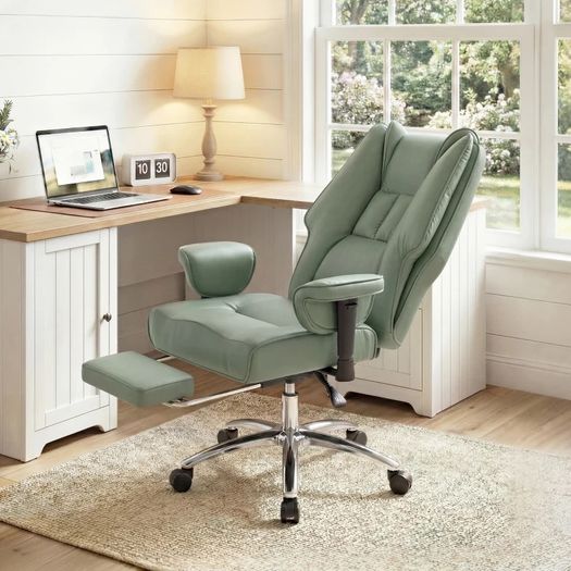 Executive Office Chair, Reclining Desk Chair with Footrest, Adjustable Armrests, Pet Friendly Faux Leather, Green