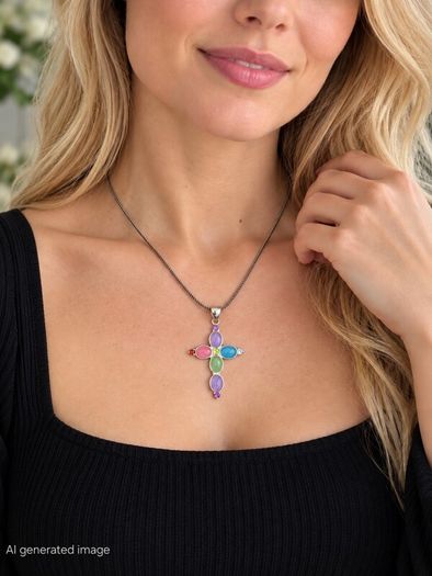 Vintage 925 Sterling Silver Multi Gemstone Cross Necklace