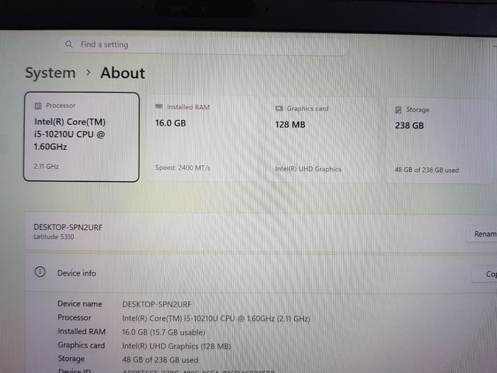 Dell Latitude 5310,i5 Cpu (10th gen) 16 GB, 256 GB Storage (m.2).