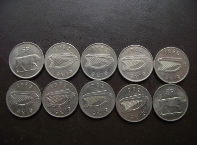10 Irish 5 pence coins (1980-1986). Nice Condition!