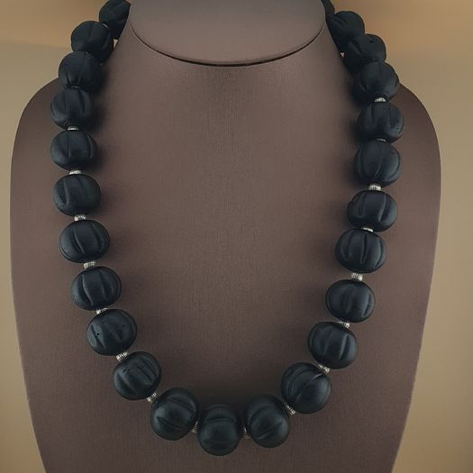 Antique African Style Dark Black Melon Shape Glass Beads Necklace