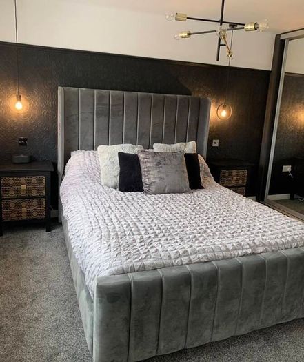 Ottoman Winged Panel Plush Velvet Upholstered Bed Frame Double & King Size Bed