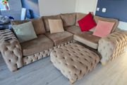 Champagne L Shaped Couch with Ottoman