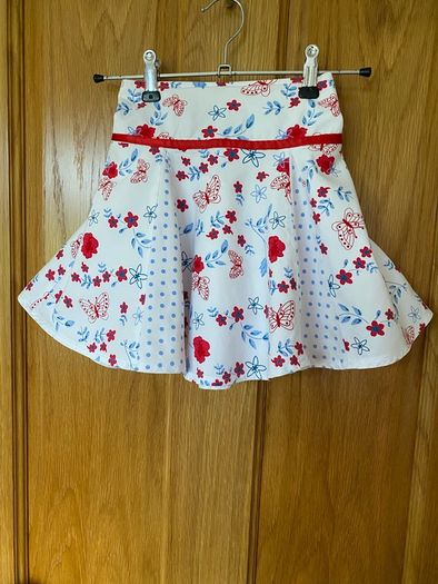 White, Red & Blue Floral Skirt with Butterfly Print