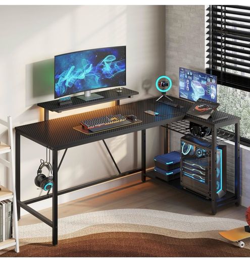147CM L-Shaped Gaming Desk with RGB Lights & Power Outlets
