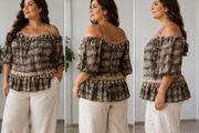 Plus Size Boho Off-Shoulder Animal Print Blouse L-XL