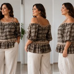 Plus Size Boho Off-Shoulder Animal Print Blouse L-XL