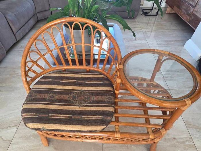 Vintage Rattan Telephone Chair / Gossip Chair with Glass Side Table