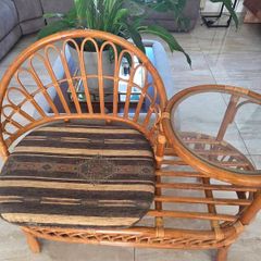 Vintage Rattan Telephone Chair / Gossip Chair with Glass Side Table