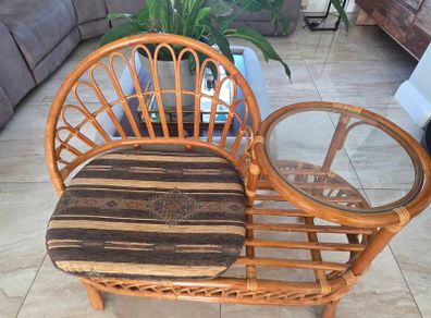 Vintage Rattan Telephone Chair / Gossip Chair with Glass Side Table