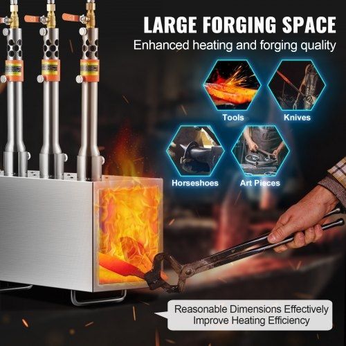 3 Burner Farrier Forge, 2600F Tool and Knife Making Blacksmithing Gas Forge, Large Capacity Square Stainless Steel