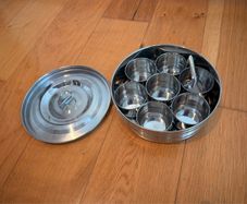 Authentic Indian Stainless Steel Masala Dabba Spice Box with 7 Compartments & Spoon - Never Used