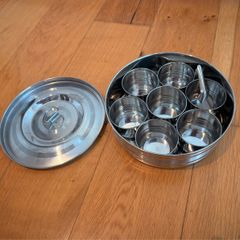 Authentic Indian Stainless Steel Masala Dabba Spice Box with 7 Compartments & Spoon - Never Used