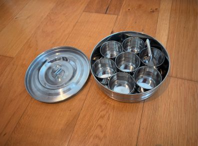 Authentic Indian Stainless Steel Masala Dabba Spice Box with 7 Compartments & Spoon - Never Used