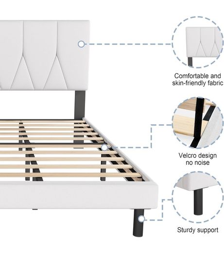 Small Double Bed Frame, White, Upholstered Wooden Slat Bed Frame with Headboard