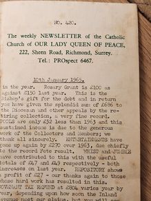 The Weekly Newsletter Of The Catholic Church Of Our Ladyqueen Of Peace. 222,sheen Road,richmond,surry. 10th January 1965. Anyone Reconigse.