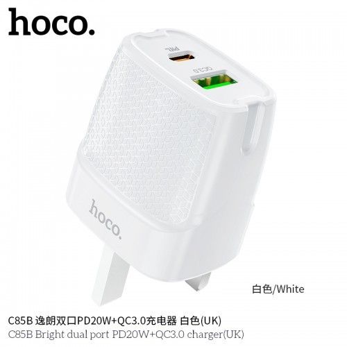 Hoco C85b Bright Dual Port Quick Wall Charger Pd20w + Qc3.0 Uk Plug Usb+c Port