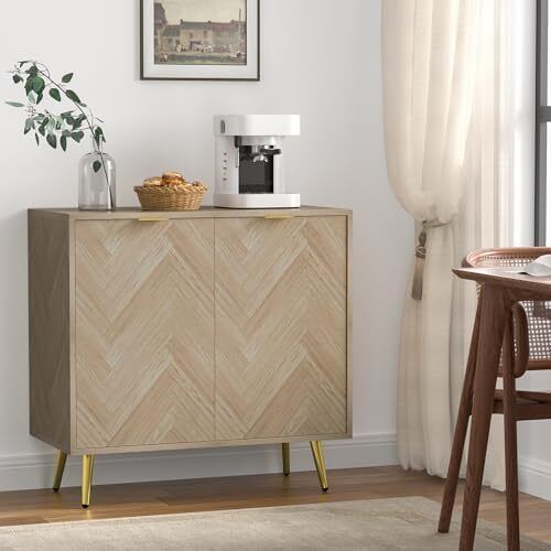 Sideboards for Living Room Wooden Storage Cabinet Herringbone Small Sideboard with Adjustable Shelves
