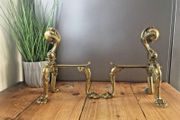 Antique Solid Brass Gothic Fire Dogs Andirons