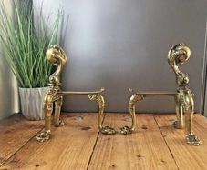 Antique Solid Brass Gothic Fire Dogs Andirons