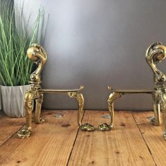 Antique Solid Brass Gothic Fire Dogs Andirons