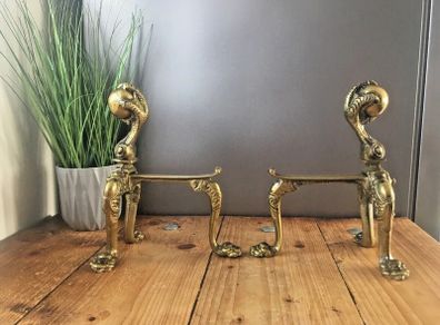 Antique Solid Brass Gothic Fire Dogs Andirons