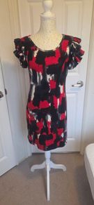 AX Paris Red Black Abstract Print Frill Sleeve Bodycon Dress Size 12 Party