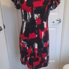 AX Paris Red Black Abstract Print Frill Sleeve Bodycon Dress Size 12 Party