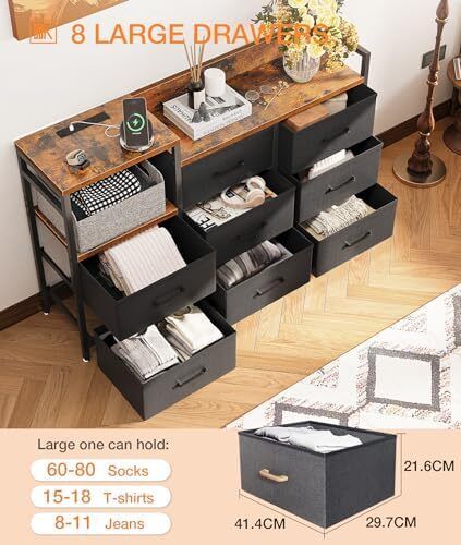 Chest of Drawers Bedroom, Contains 2 USB & 2 AC Ports Sockets, Storage Dresser with 8 Fabric Drawers Suitable for Bedrooms, Living Rooms, Retro Color