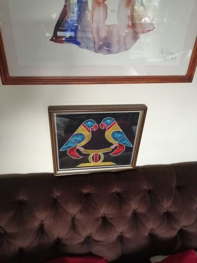Good sized Vintage Framed String Art Two Love Birds