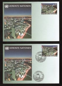 2009 United Nations Vienna pre-paid envelope (postal stationary) showing Vienna International Centre on the banks of the Danube river which houses the United Nations Agency mint and used on first day of issue 7th May 2009
