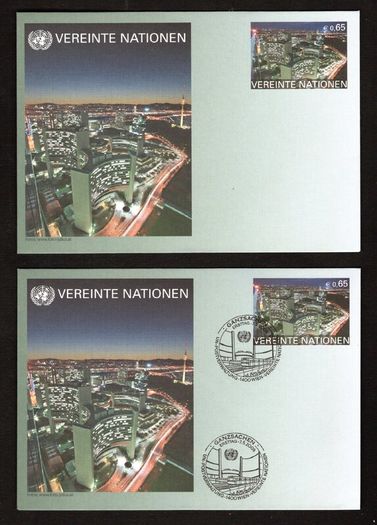 2009 United Nations Vienna pre-paid envelope (postal stationary) showing Vienna International Centre on the banks of the Danube river which houses the United Nations Agency mint and used on first day of issue 7th May 2009