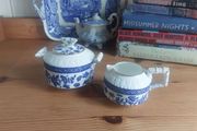 Exquisite Rare Beautifully Shaped and Patterned Blue &amp; White Antique Milk Creamer and Matching Lidded Sugar Bowl by Edwin James Drew Bodley, in the Worchester Pattern Registered 1876, Circa 1875 - 1892