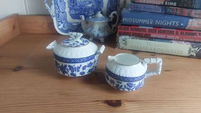 Exquisite Rare Beautifully Shaped and Patterned Blue & White Antique Milk Creamer and Matching Lidded Sugar Bowl by Edwin James Drew Bodley, in the Worchester Pattern Registered 1876, Circa 1875 - 1892