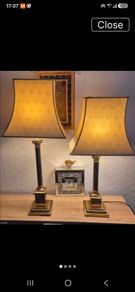 Pair of Vintage Brass Neoclassical Column Lamps with Pagoda Shades [1]