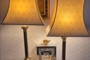 Pair of Vintage Brass Neoclassical Column Lamps with Pagoda Shades [1]